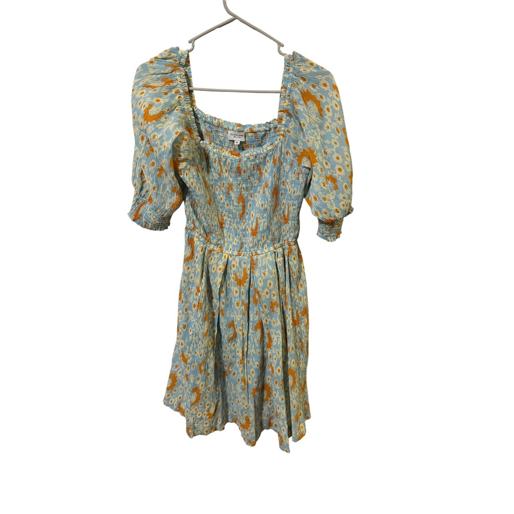 Olivia James Size Medium The Label Blue Orange Floral Smocked Cotton Mini Dress